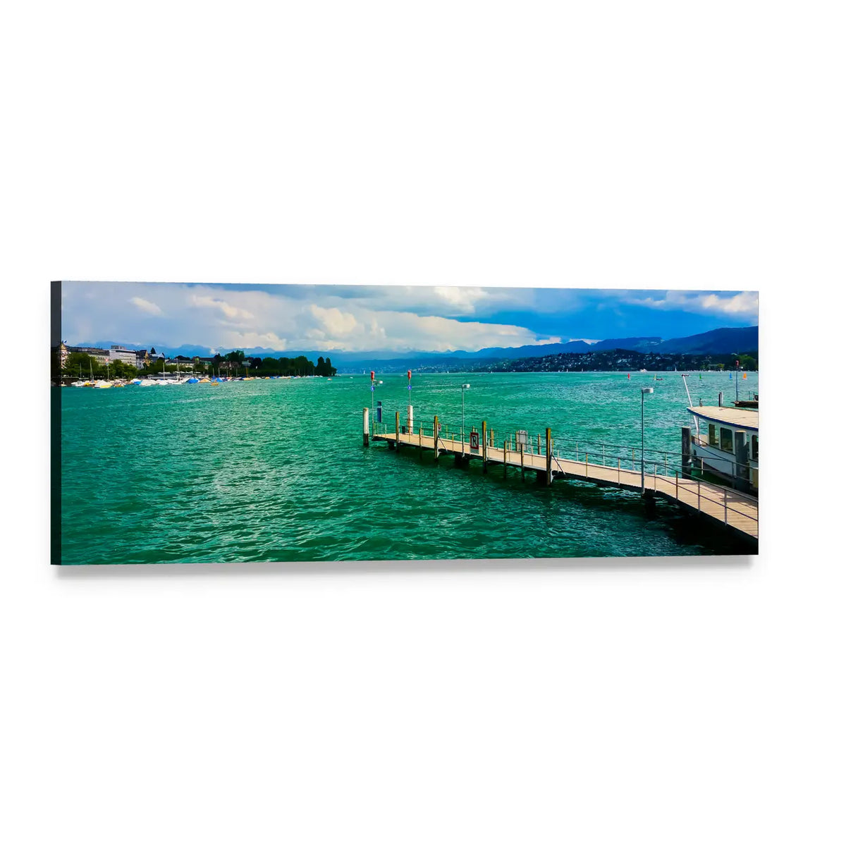 Wooden Pier and White Boat on Turquoise Lake Panoramic Canvas Wall Art, single panel gallery wrapped canvas, angled product view