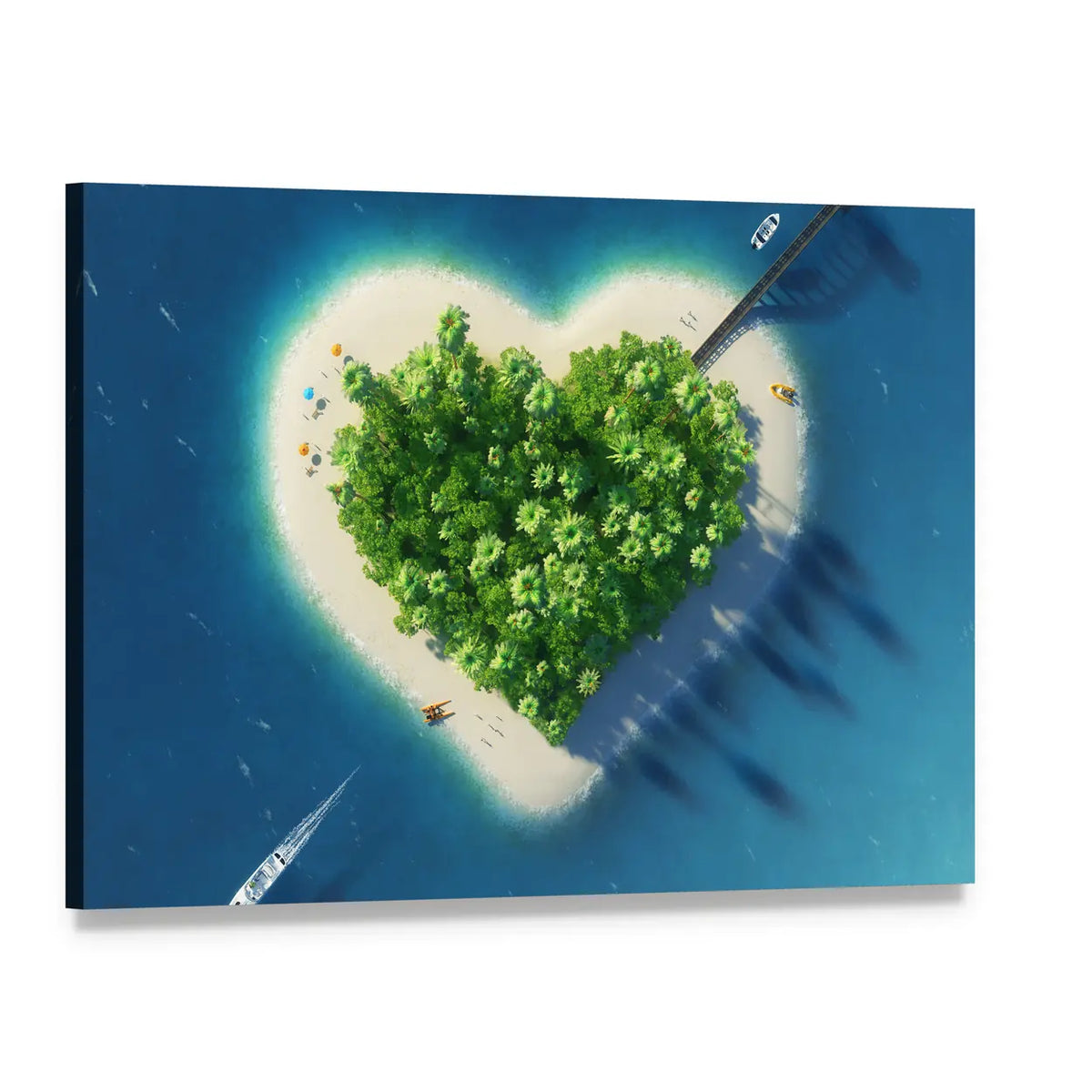 Heart-shaped Tropical Island Aerial View Canvas Wall Art, single panel gallery wrapped canvas, angled product view