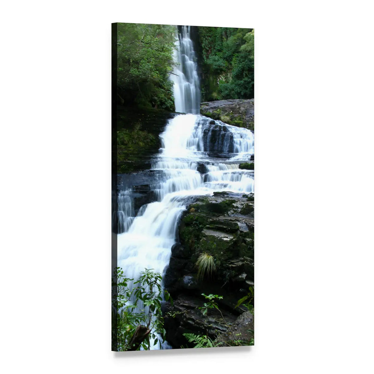 Multi-tier Forest Waterfall Vertical Canvas Wall Art, 1 panel 1 Vertical layout gallery wrapped canvas set, angled product view