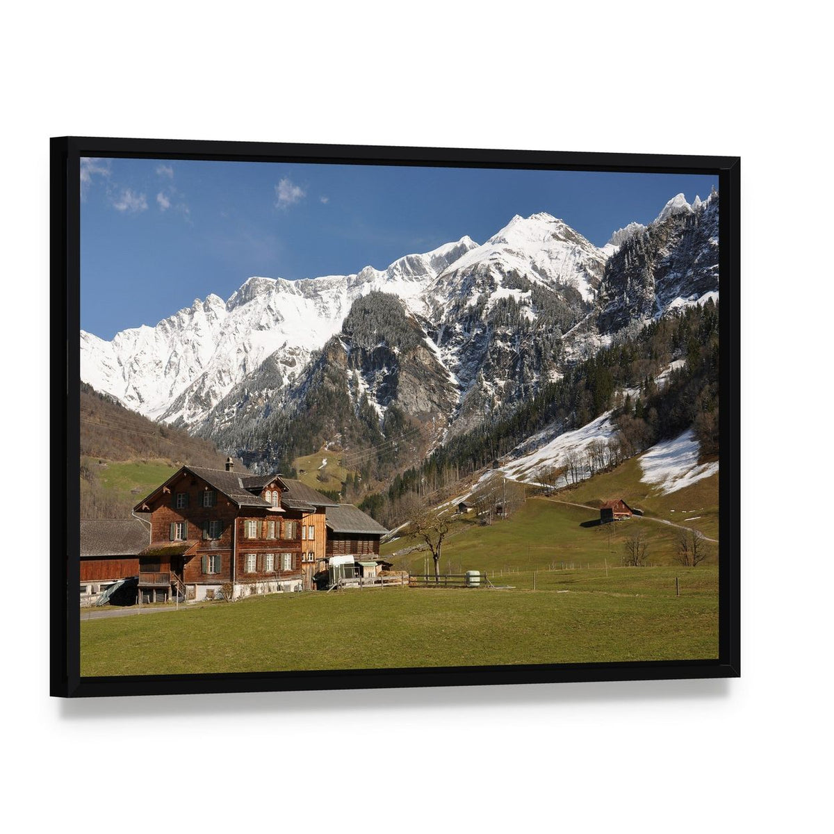 Elm Village Switzerland Canvas Wall Art, framed canvas in a black floater frame, angled product view