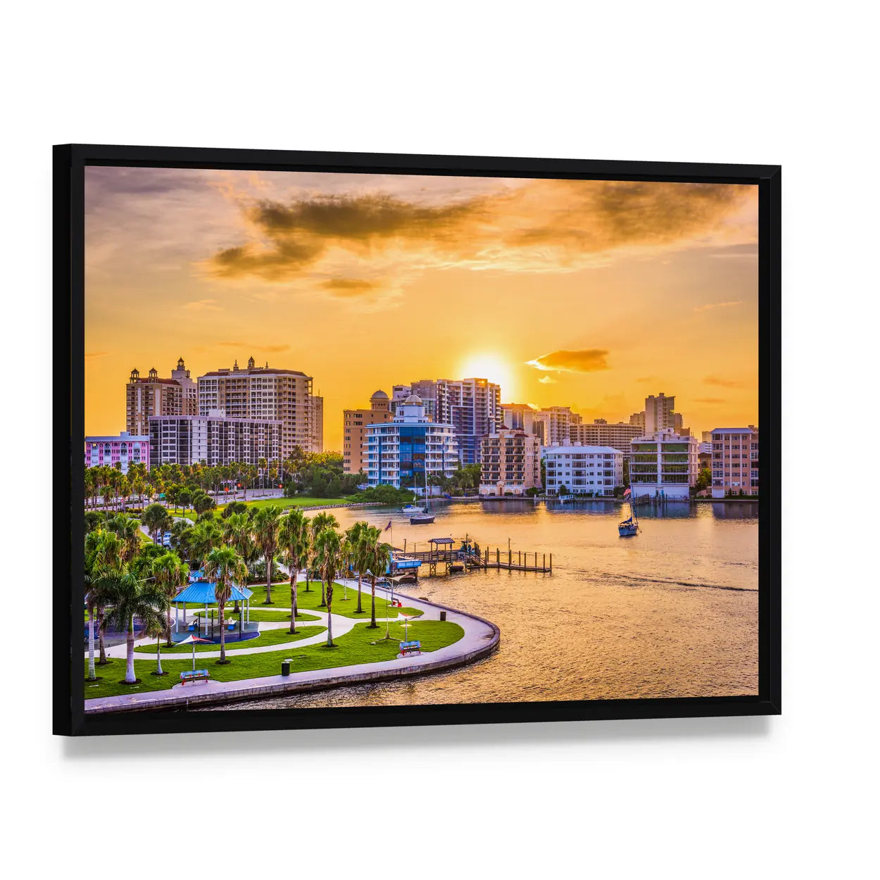 Sarasota Downtown Skyline at Golden Hour Canvas Wall Art, framed canvas in a black floater frame, angled product view