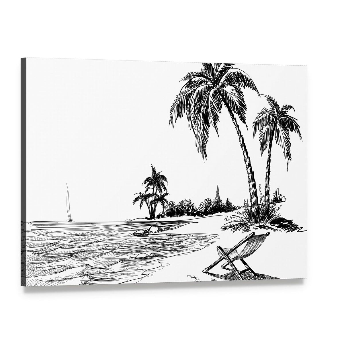 Summer Beach Pen and Ink Sketch Canvas Wall Art, single panel gallery wrapped canvas, angled product view