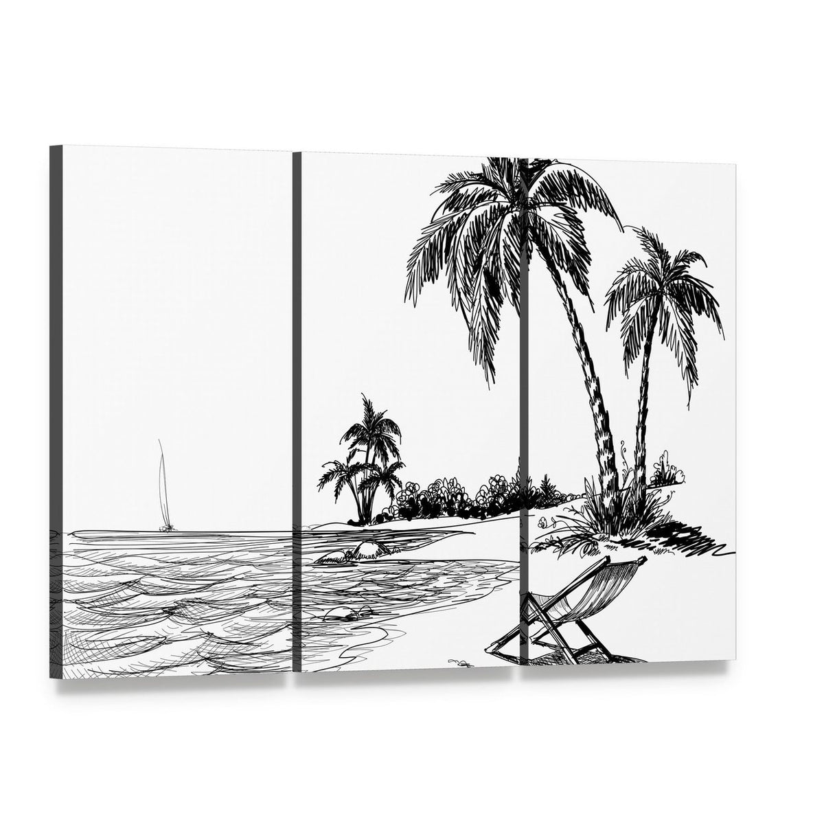 Summer Beach Pen and Ink Sketch Canvas Wall Art, 3 panel 3 Horizontal layout gallery wrapped canvas set, angled product view