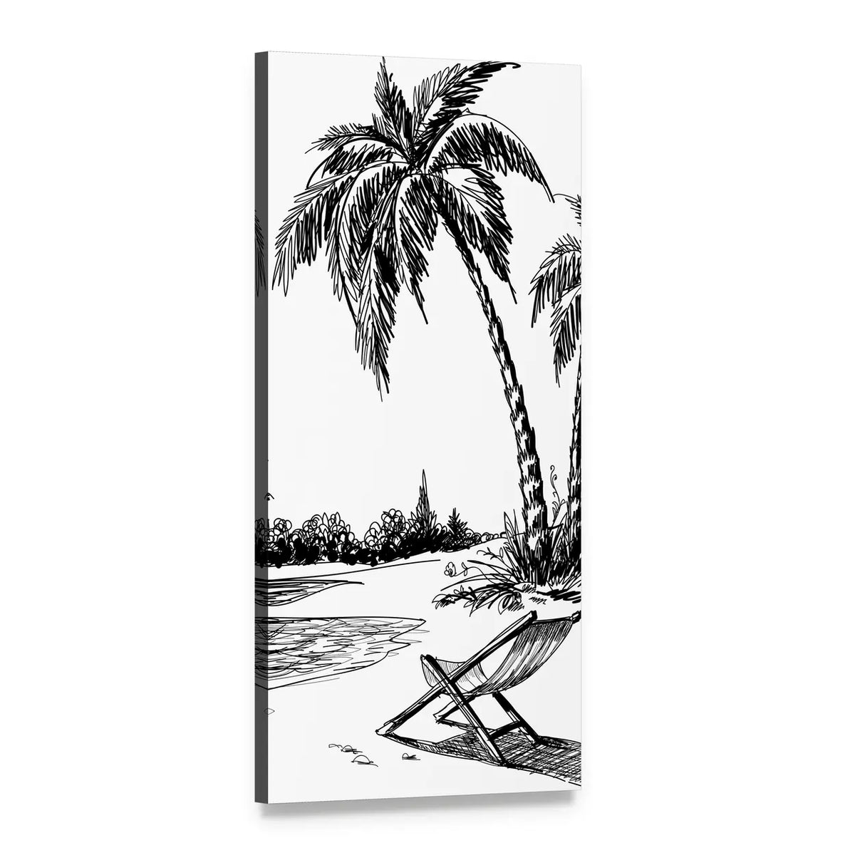 Palm Trees and Beach Chair Ink Sketch Vertical Canvas Wall Art, 1 panel 1 Vertical layout gallery wrapped canvas set, angled product view