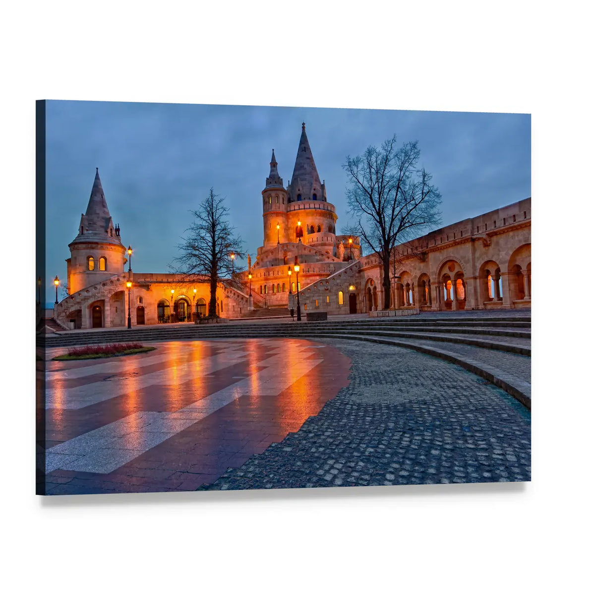 Budapest Fishermen's Bastion at Dusk Canvas Wall Art, single panel gallery wrapped canvas, angled product view