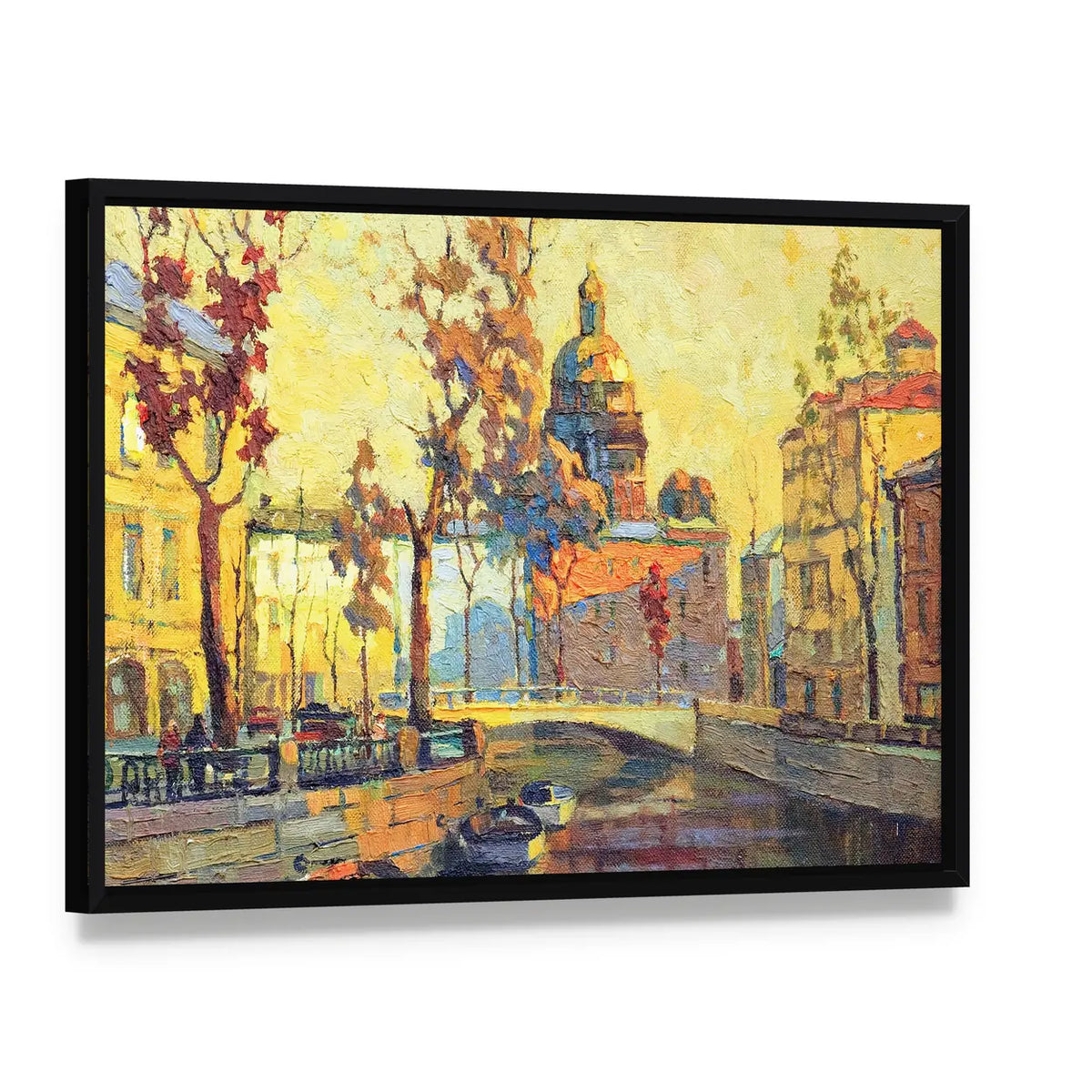 Streets of St Petersburg Canvas Wall Art, framed canvas in a black floater frame, angled product view