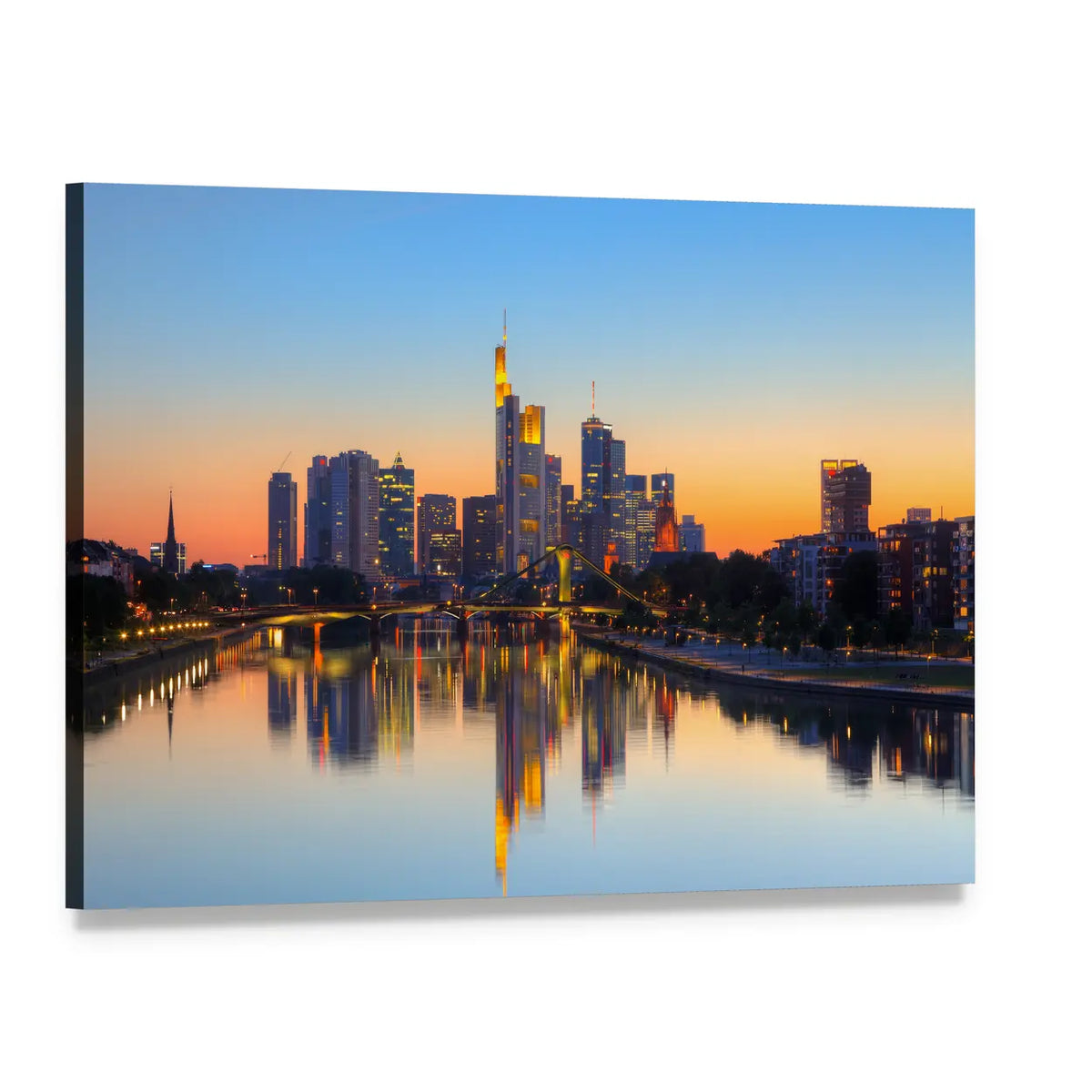 Frankfurt Skyline Over River at Twilight Canvas Wall Art, single panel gallery wrapped canvas, angled product view