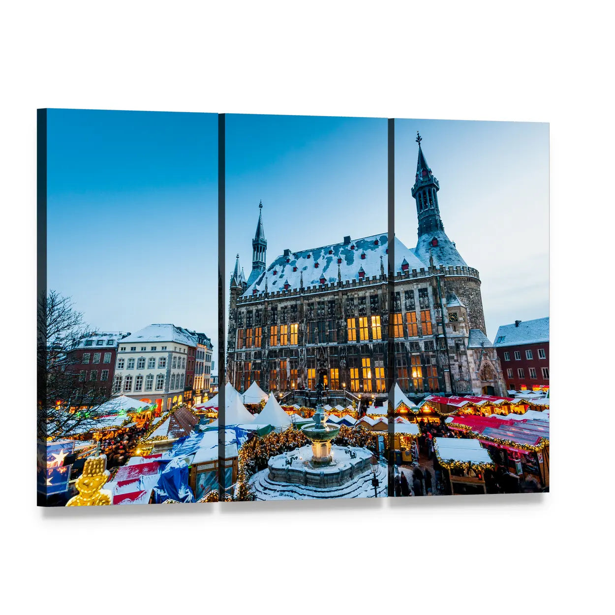 Aachen Christmas Market at Dusk Canvas Wall Art, 3 panel 3 Horizontal layout gallery wrapped canvas set, angled product view