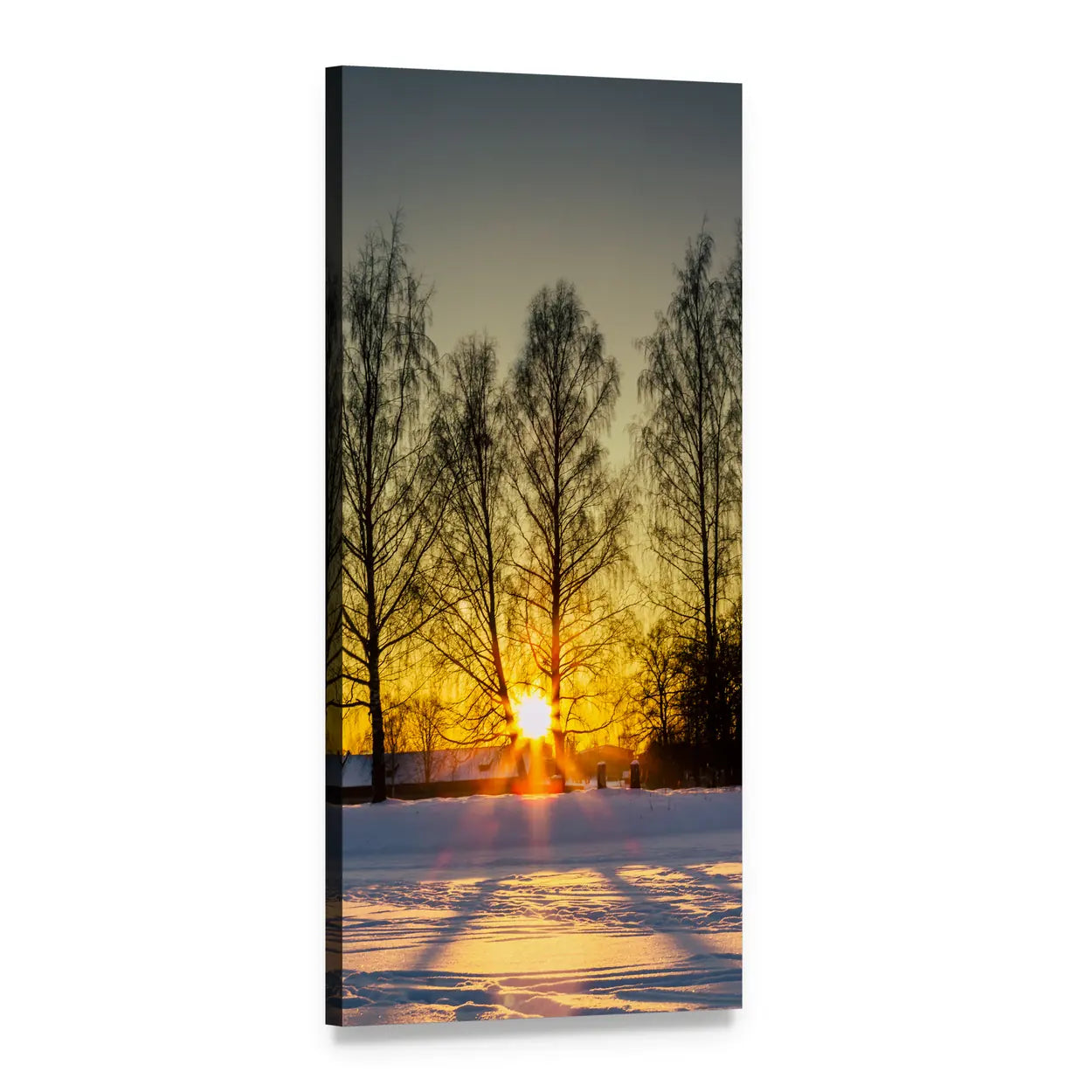 Sunburst Over Snow-covered Field Vertical Canvas Wall Art, 1 panel 1 Vertical layout gallery wrapped canvas set, angled product view