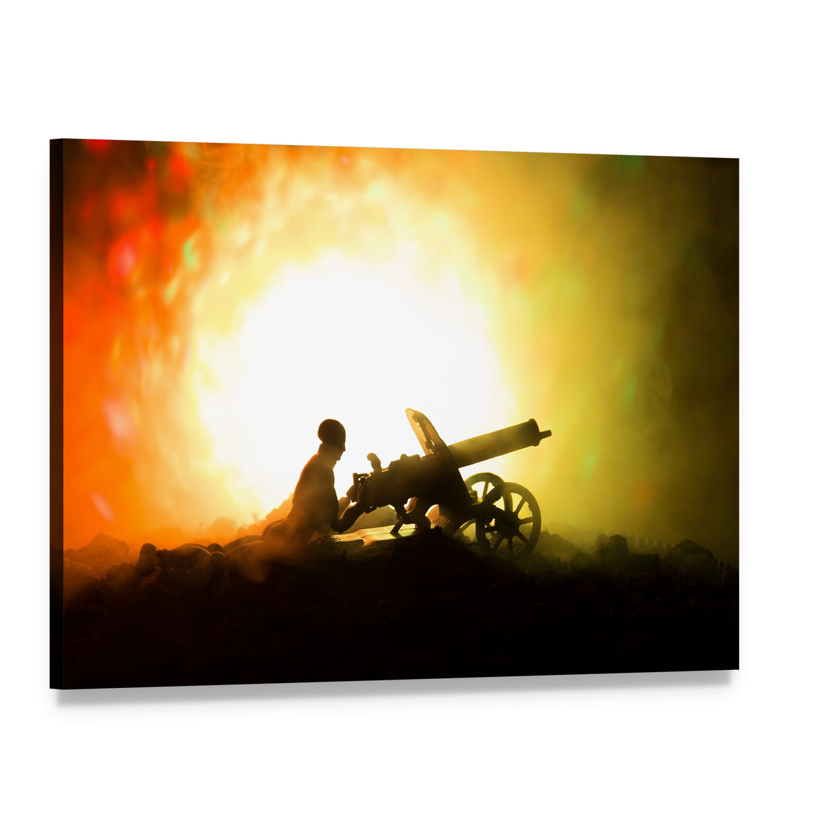 Soldier Silhouette Operating Cannon at Sunset Canvas Wall Art, single panel gallery wrapped canvas, angled product view