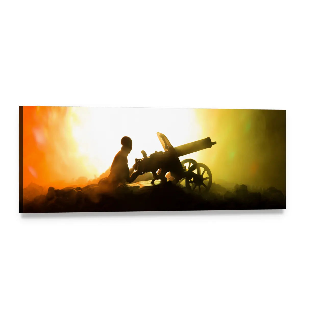 Soldier Silhouette with Maxim-style Machine Gun Panoramic Canvas Wall Art, single panel gallery wrapped canvas, angled product view