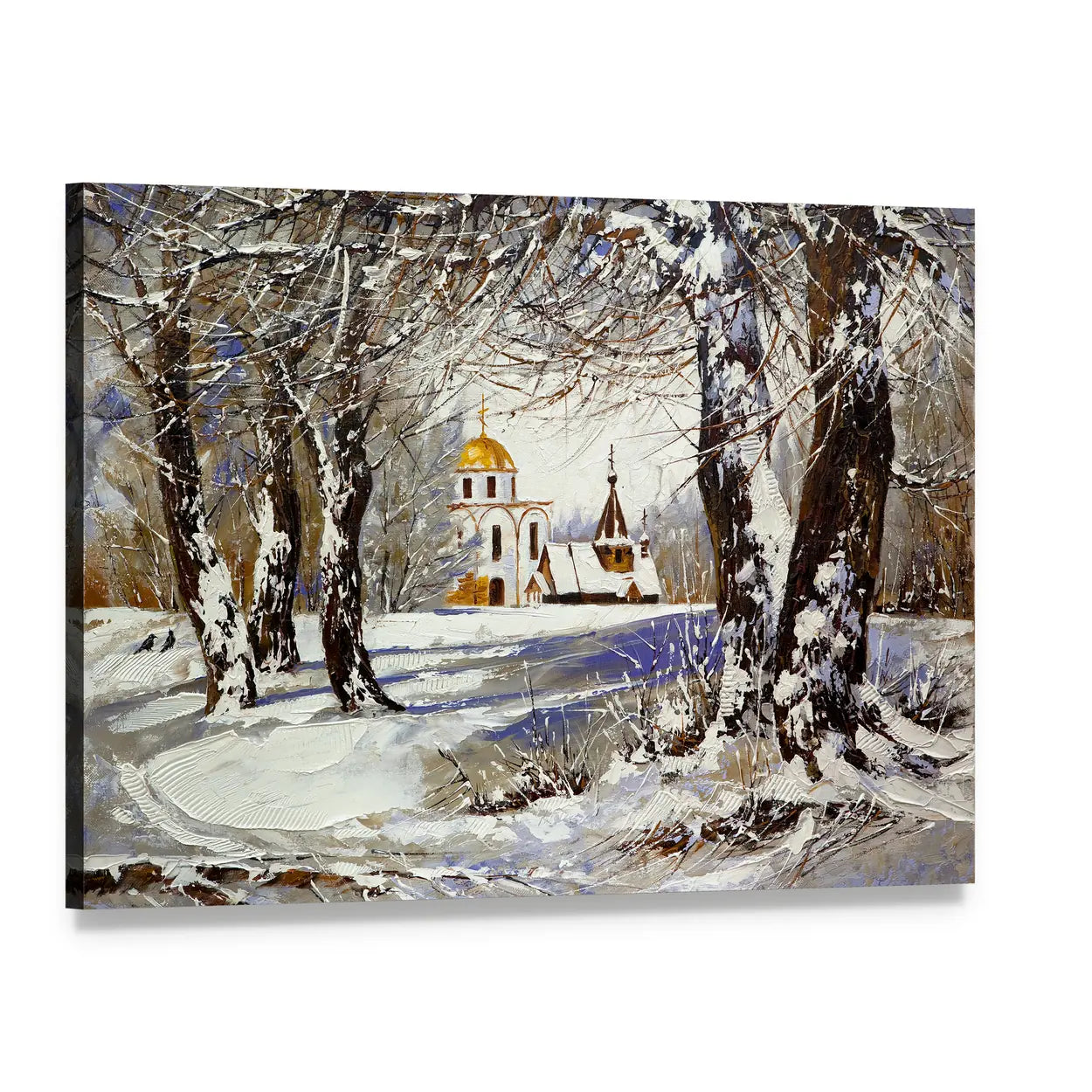 Orthodox Church in Snowy Wood Canvas Wall Art, single panel gallery wrapped canvas, angled product view