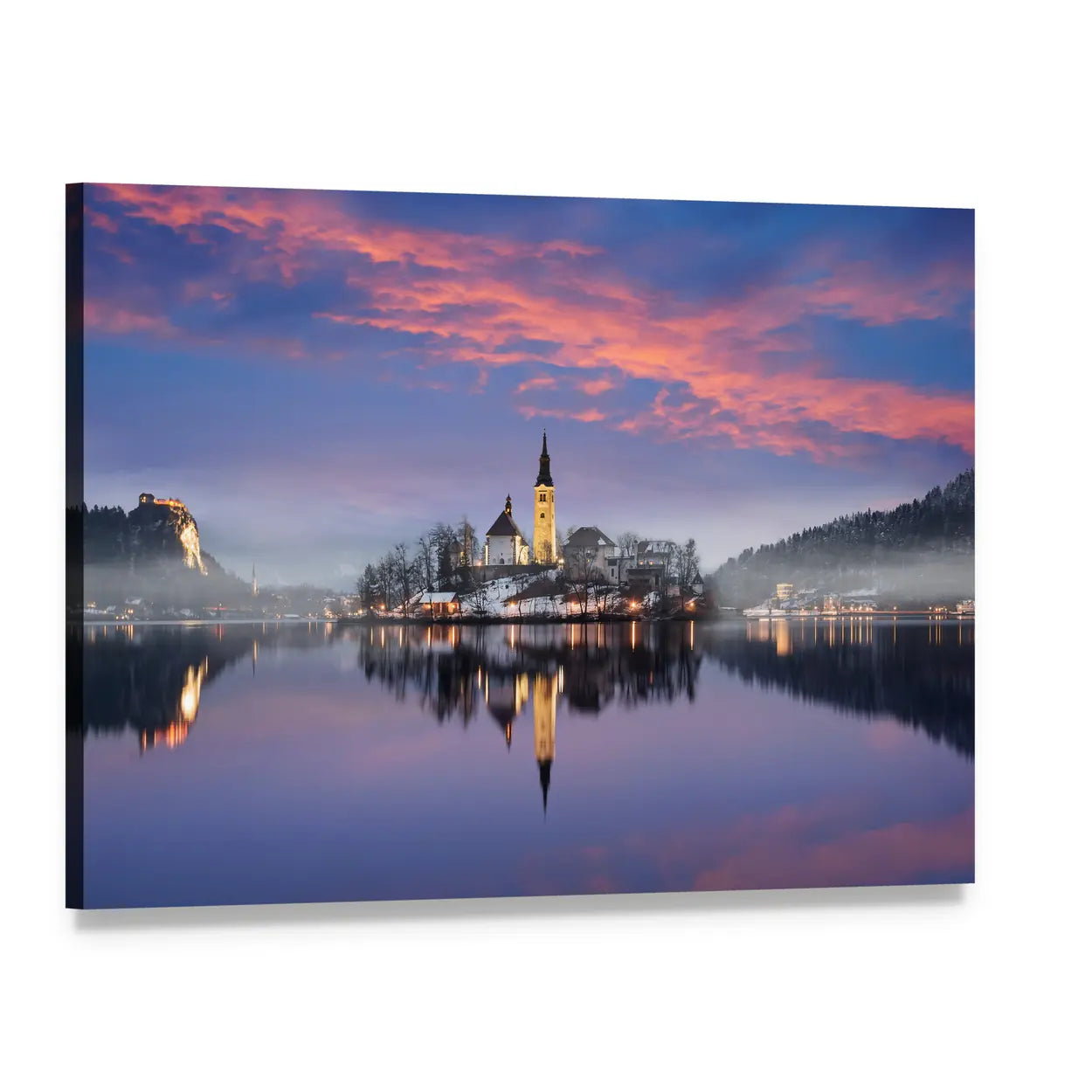 Lake Bled in Winter Canvas Wall Art, single panel gallery wrapped canvas, angled product view