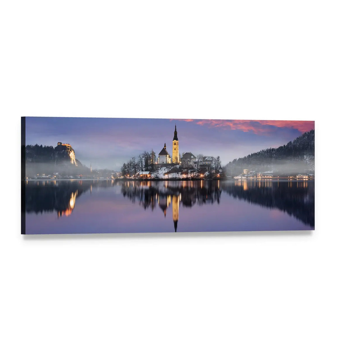Lake Bled in Winter Panoramic Canvas Wall Art, single panel gallery wrapped canvas, angled product view