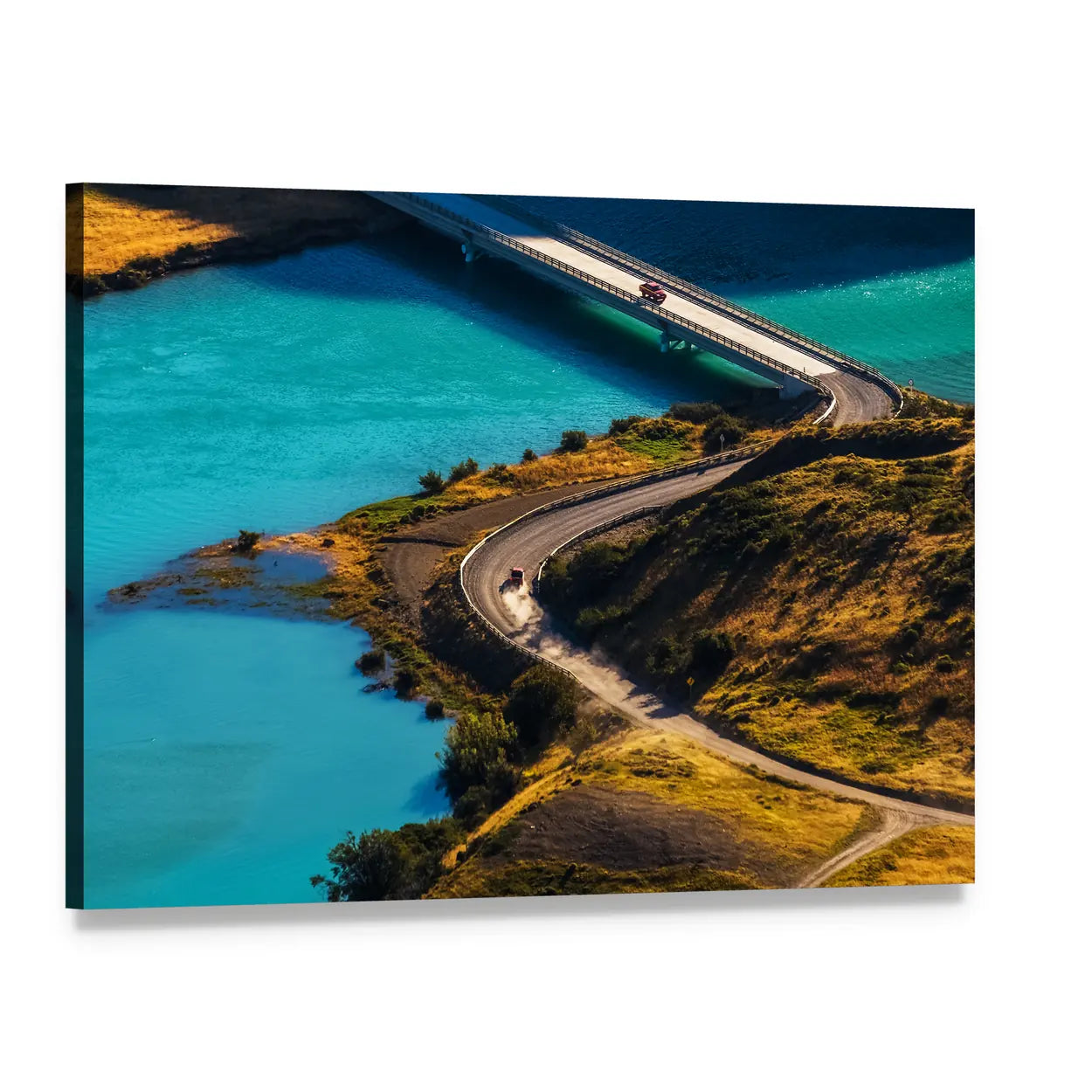 Long Bridge Over Turquoise Water Canvas Wall Art, single panel gallery wrapped canvas, angled product view