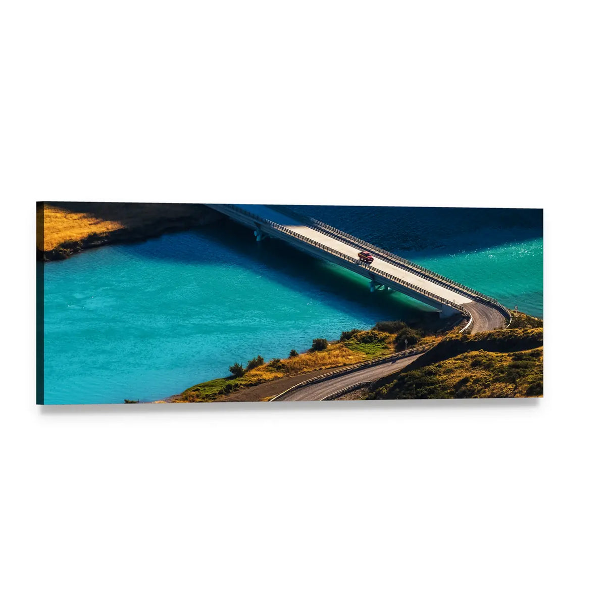 Bridge with Tiny Red Car Over Turquoise Water Panoramic Canvas Wall Art, single panel gallery wrapped canvas, angled product view