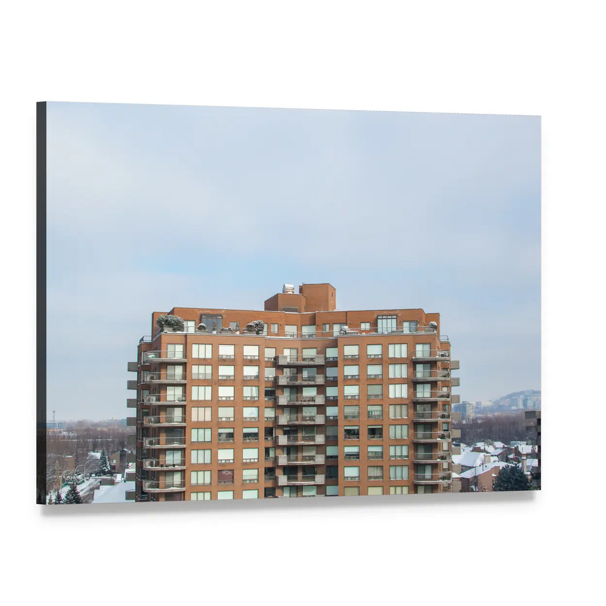 Modern Condo Building with Balconies Canvas Wall Art, single panel gallery wrapped canvas, angled product view