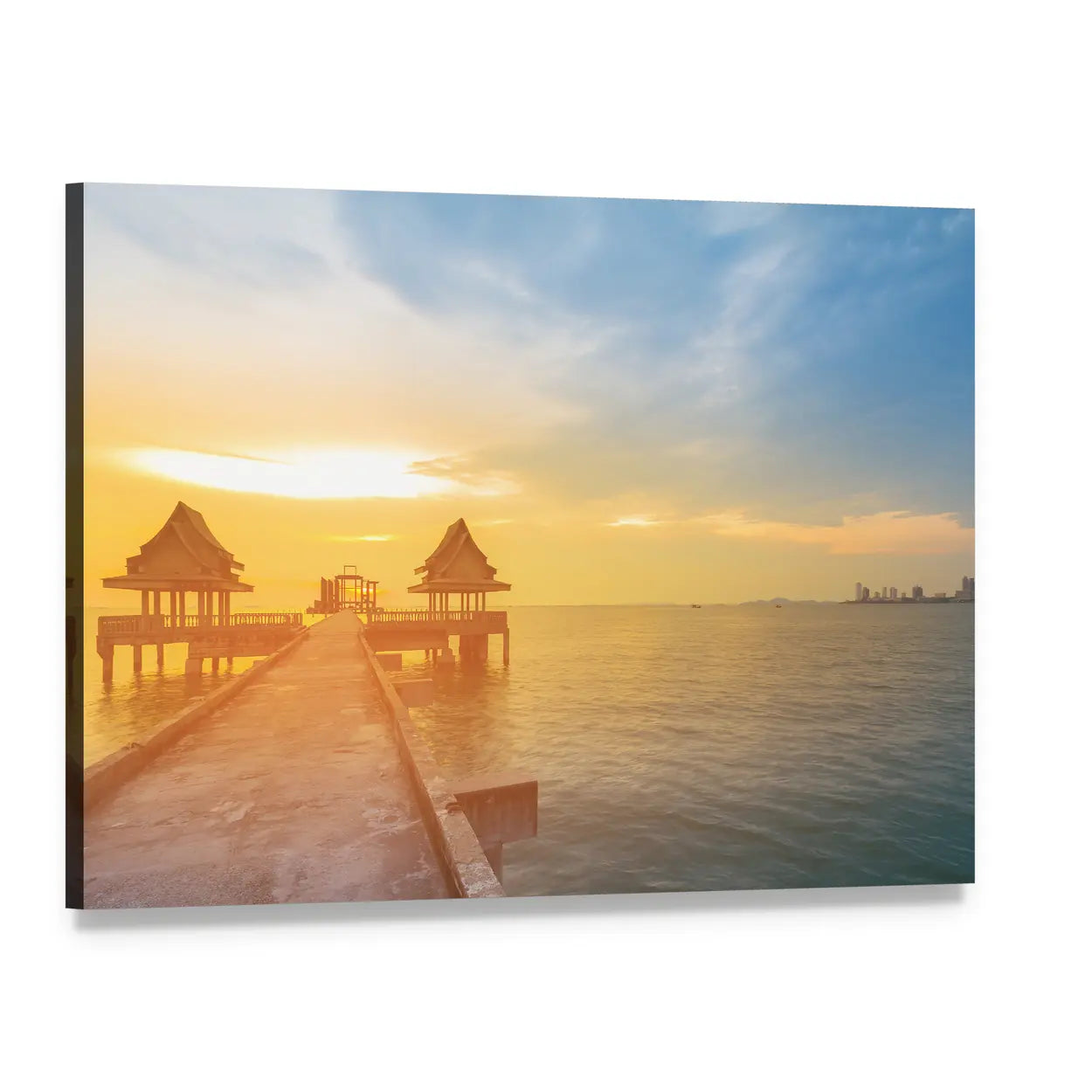Sunset Over Pier with Thai Pavilions Canvas Wall Art, single panel gallery wrapped canvas, angled product view