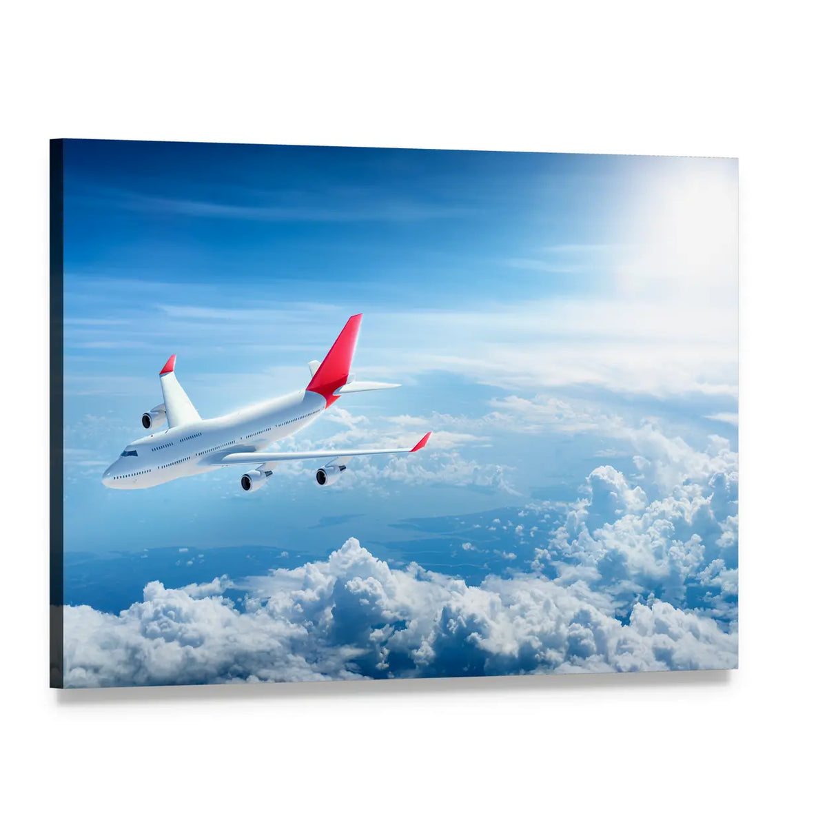 Four-engine Jet Above Clouds Canvas Wall Art, single panel gallery wrapped canvas, angled product view