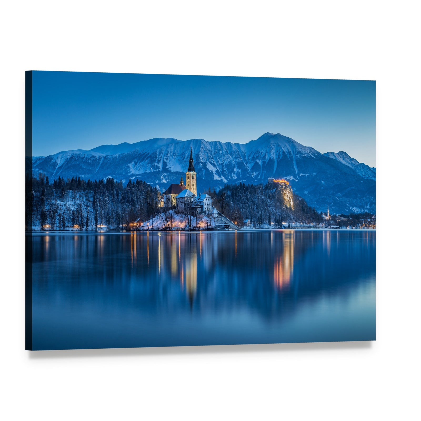 Twilight Island Church Over Snowy Lake Canvas Wall Art, single panel gallery wrapped canvas, angled product view
