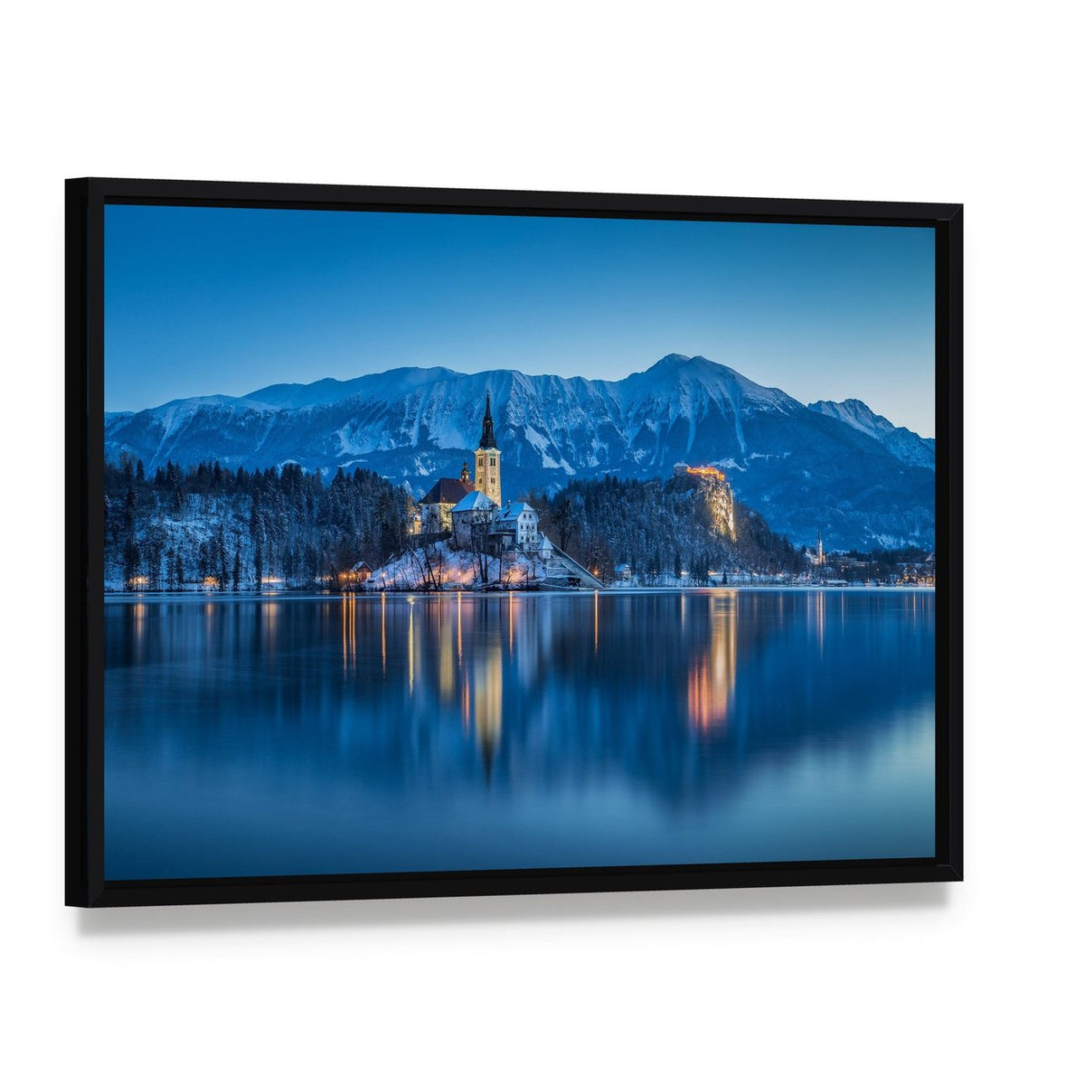 Twilight Island Church Over Snowy Lake Canvas Wall Art, framed canvas in a black floater frame, angled product view
