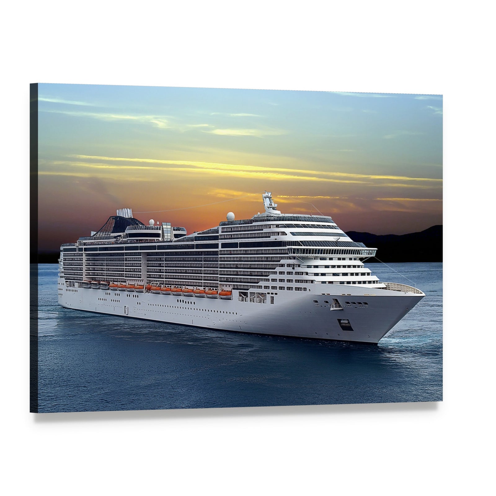 Cruise Ship at Sunset Canvas Wall Art, single panel gallery wrapped canvas, angled product view