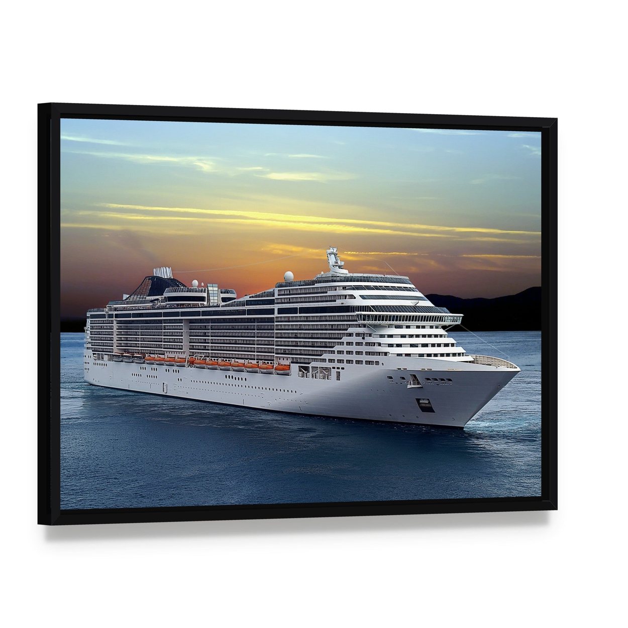 Cruise Ship at Sunset Canvas Wall Art, framed canvas in a black floater frame, angled product view