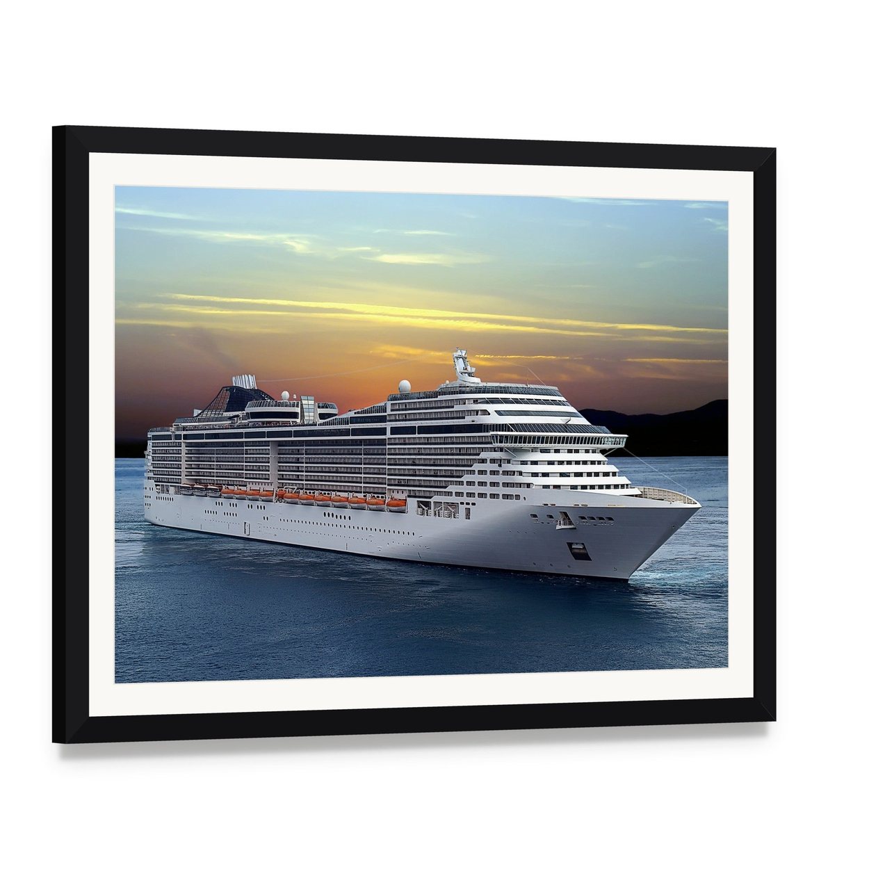 Cruise Ship at Sunset Canvas Wall Art, framed print with white mat and black frame, angled product view
