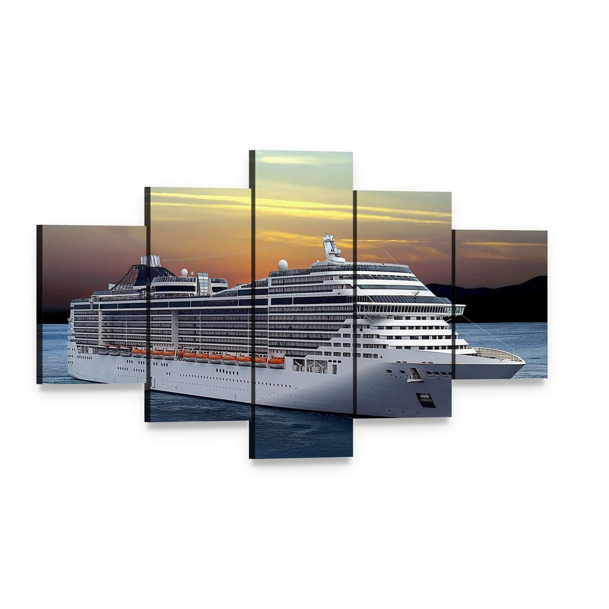 Cruise Ship at Sunset Canvas Wall Art, 5 panel 5 Star layout gallery wrapped canvas set, angled product view