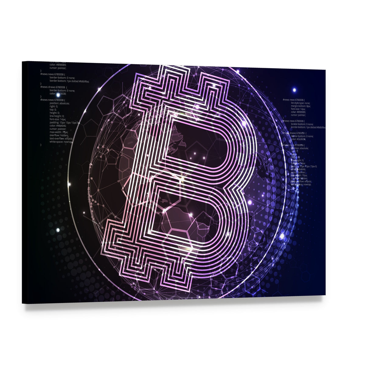 Purple Bitcoin Logo with Digital Globe Canvas Wall Art, single panel gallery wrapped canvas, angled product view