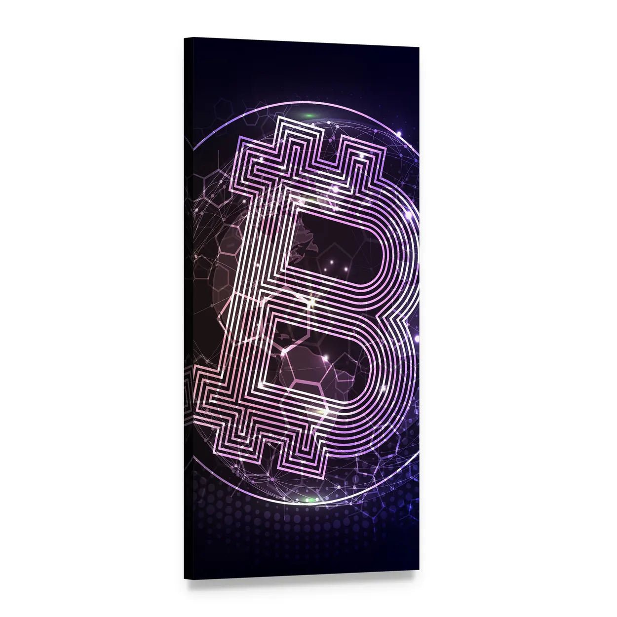 Purple Bitcoin Symbol Vertical Canvas Wall Art, 1 panel 1 Vertical layout gallery wrapped canvas set, angled product view