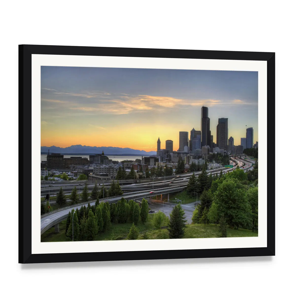 Seattle Skyline with Mountains at Sunset Canvas Wall Art, framed print with white mat and black frame, angled product view