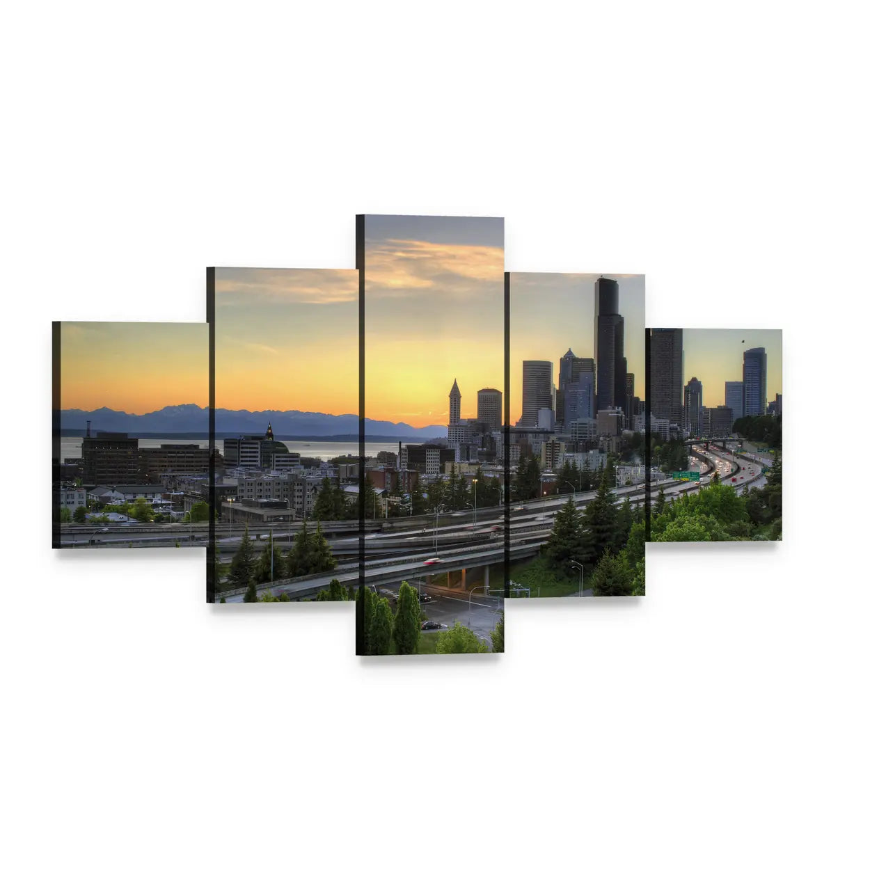 Seattle Skyline with Mountains at Sunset Canvas Wall Art, 5 panel 5 Star layout gallery wrapped canvas set, angled product view