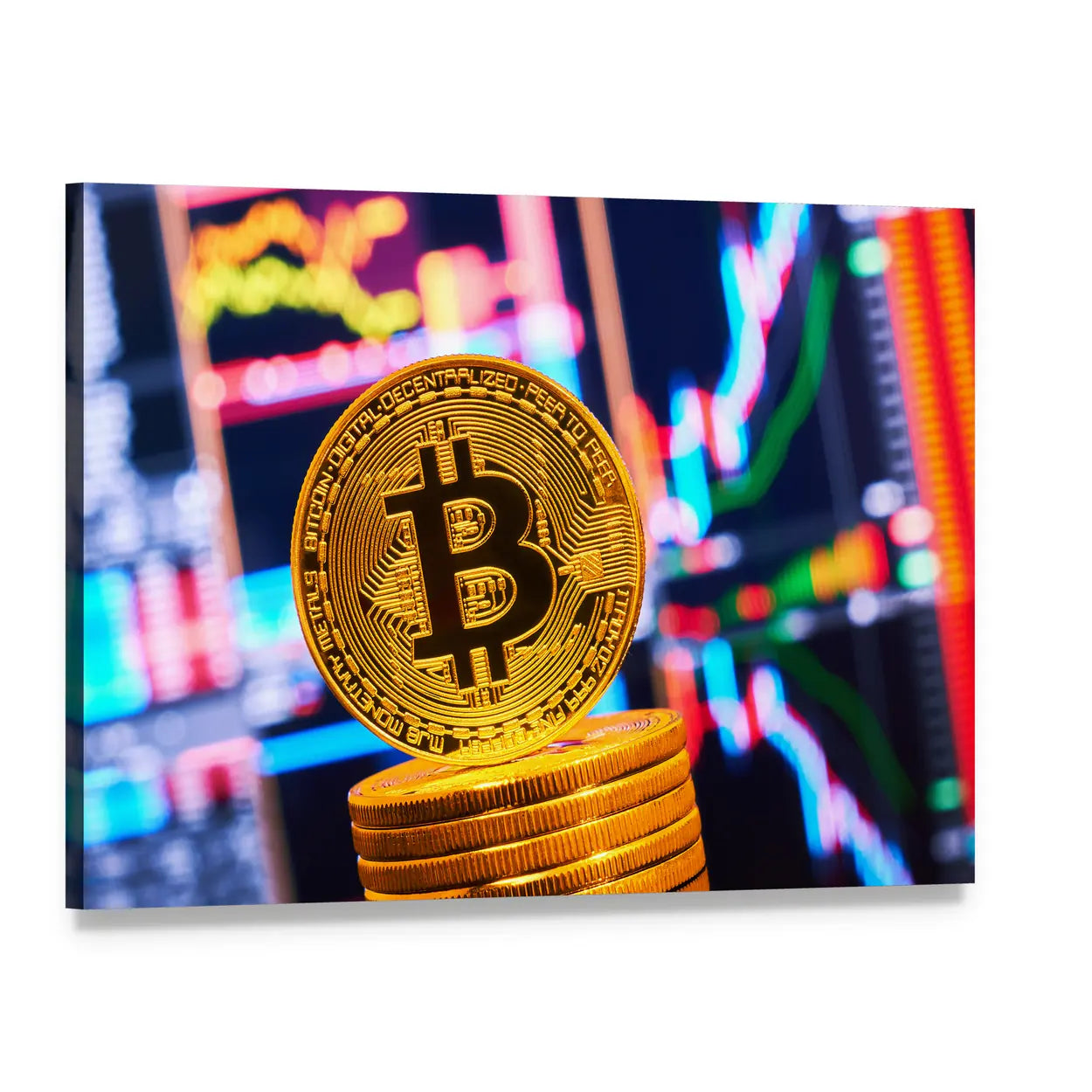 Bitcoin Coin with Financial Charts Canvas Wall Art, single panel gallery wrapped canvas, angled product view