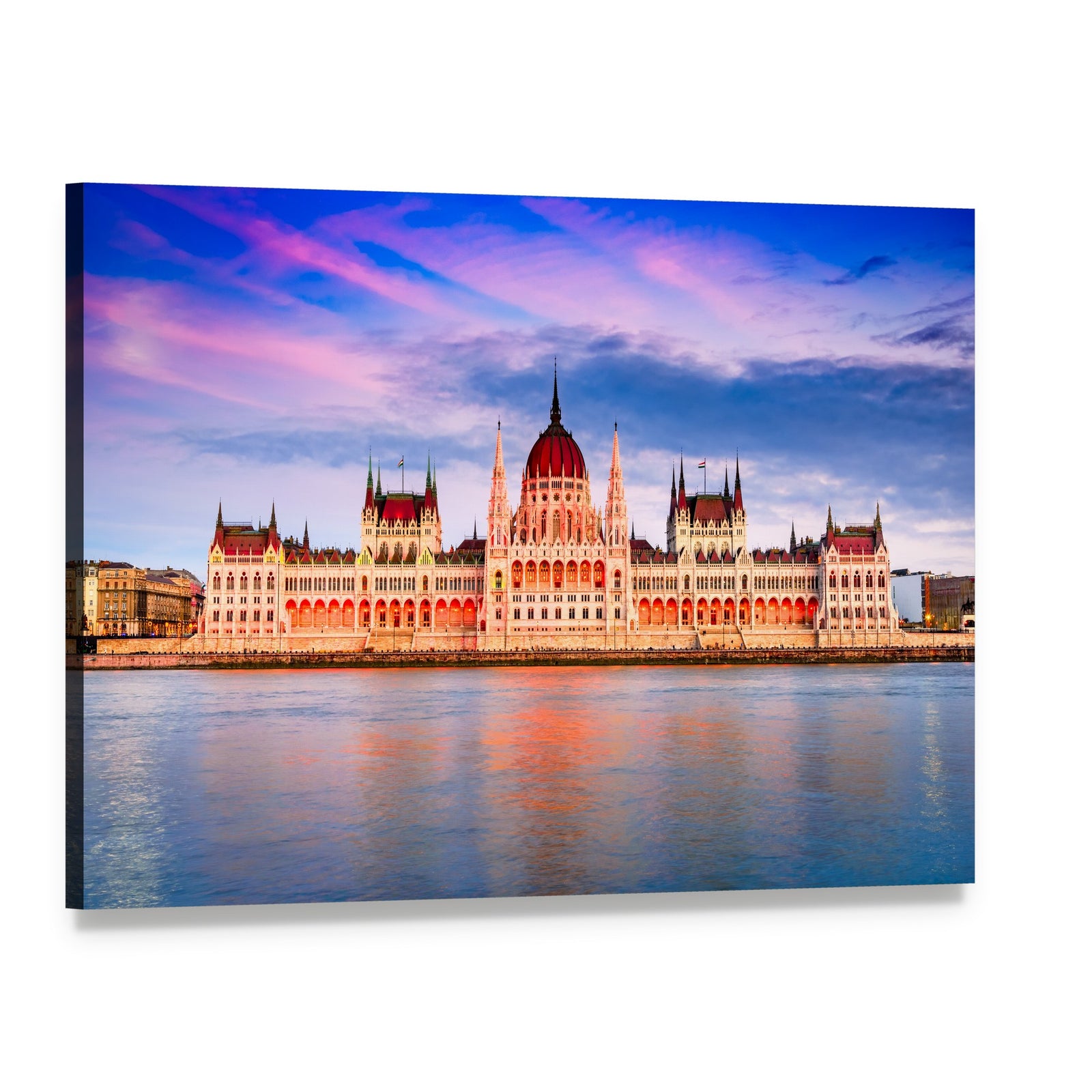 Hungarian Parliament on the Danube, Budapest Canvas Wall Art, single panel gallery wrapped canvas, angled product view
