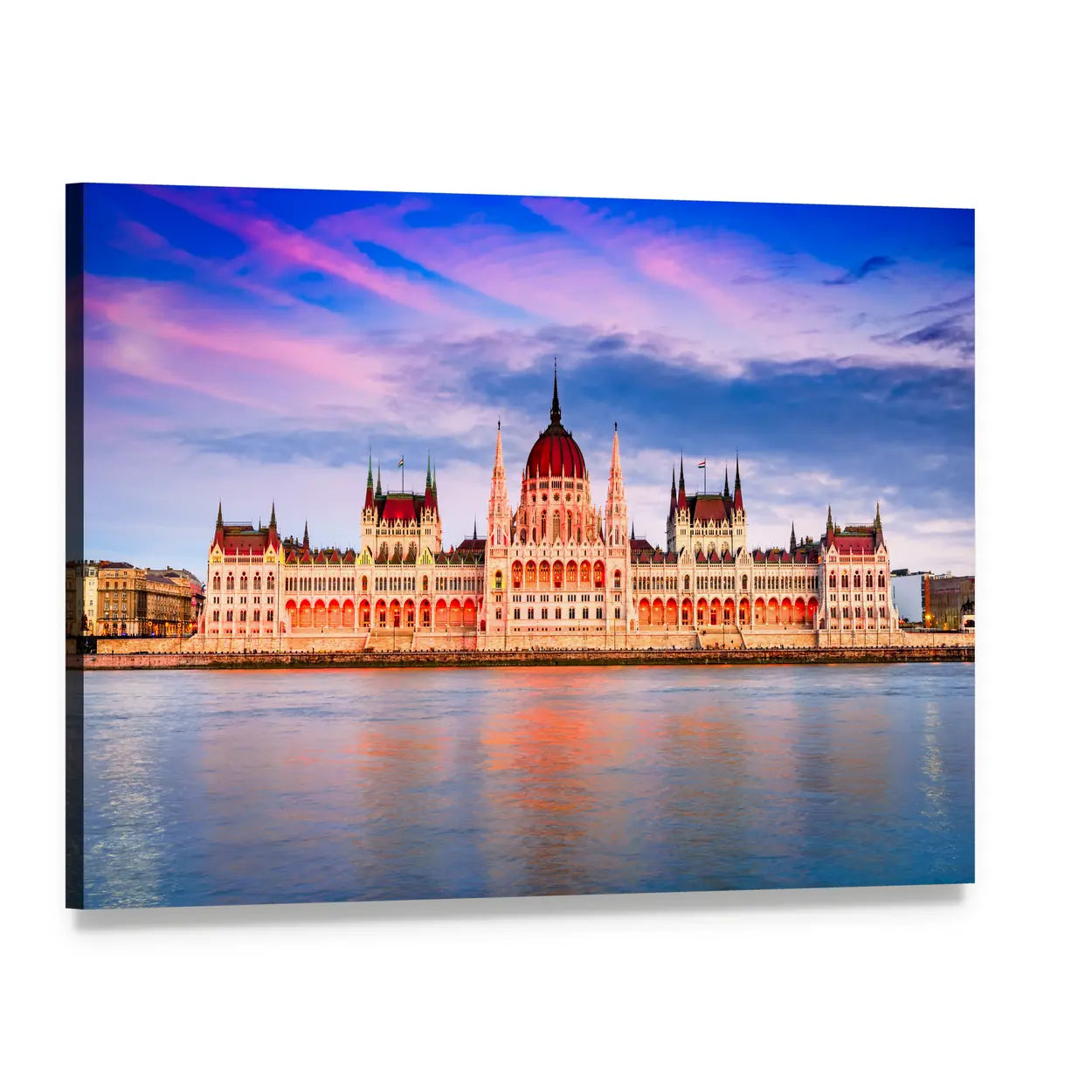 Hungarian Parliament and Danube at Sunset Canvas Wall Art, single panel gallery wrapped canvas, angled product view