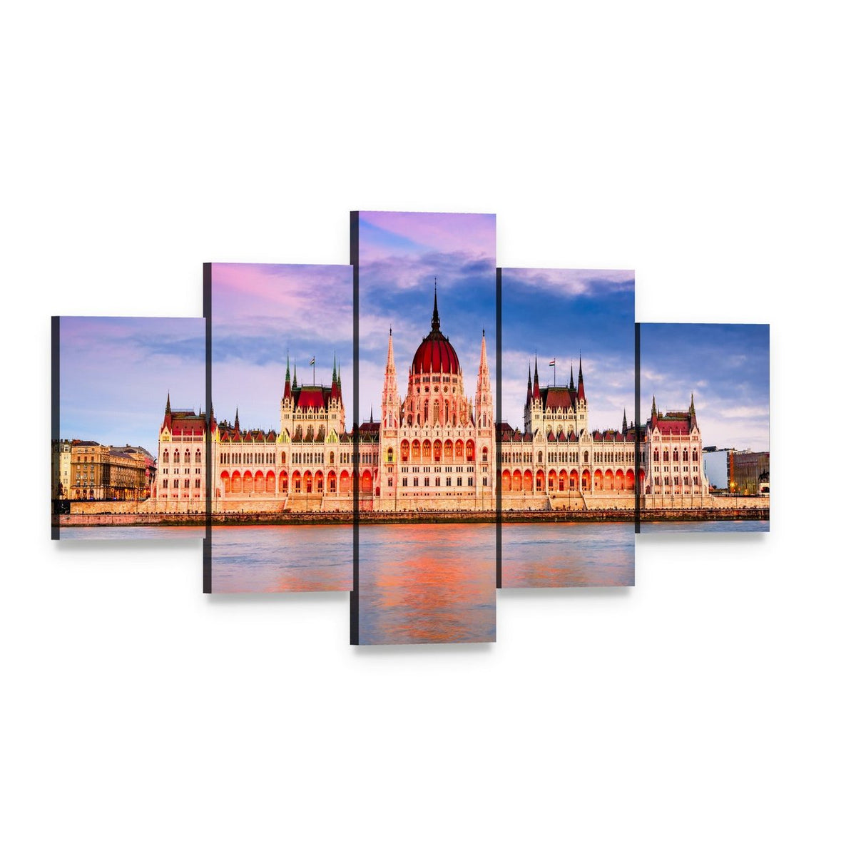 Hungarian Parliament on the Danube, Budapest Canvas Wall Art, 5 panel 5 Star layout gallery wrapped canvas set, angled product view