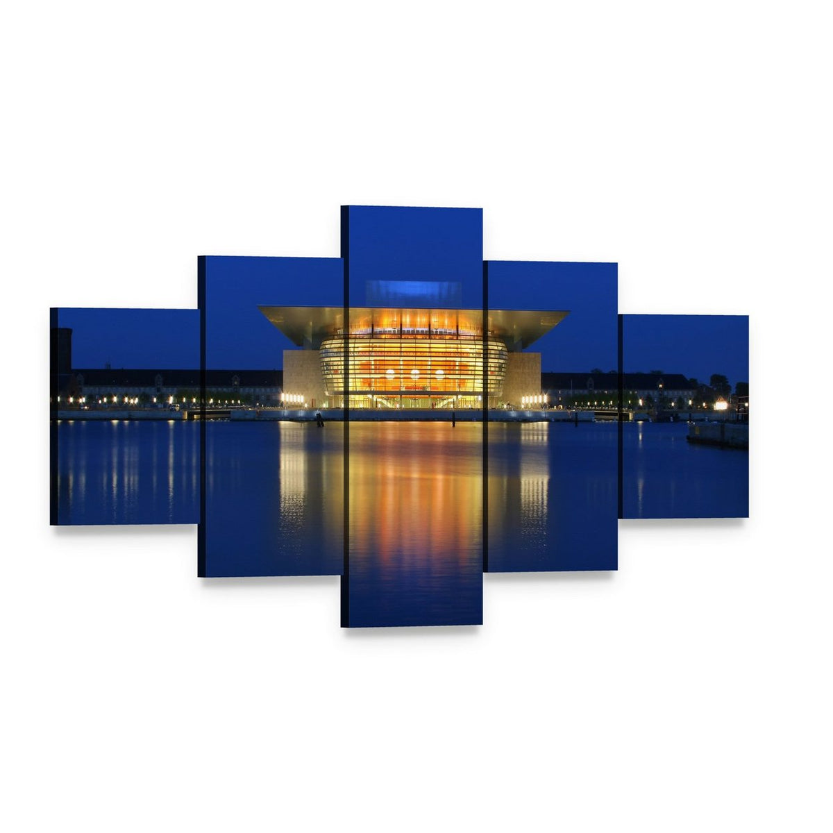 Copenhagen Opera House Night Reflection Canvas Wall Art, 5 panel 5 Star layout gallery wrapped canvas set, angled product view