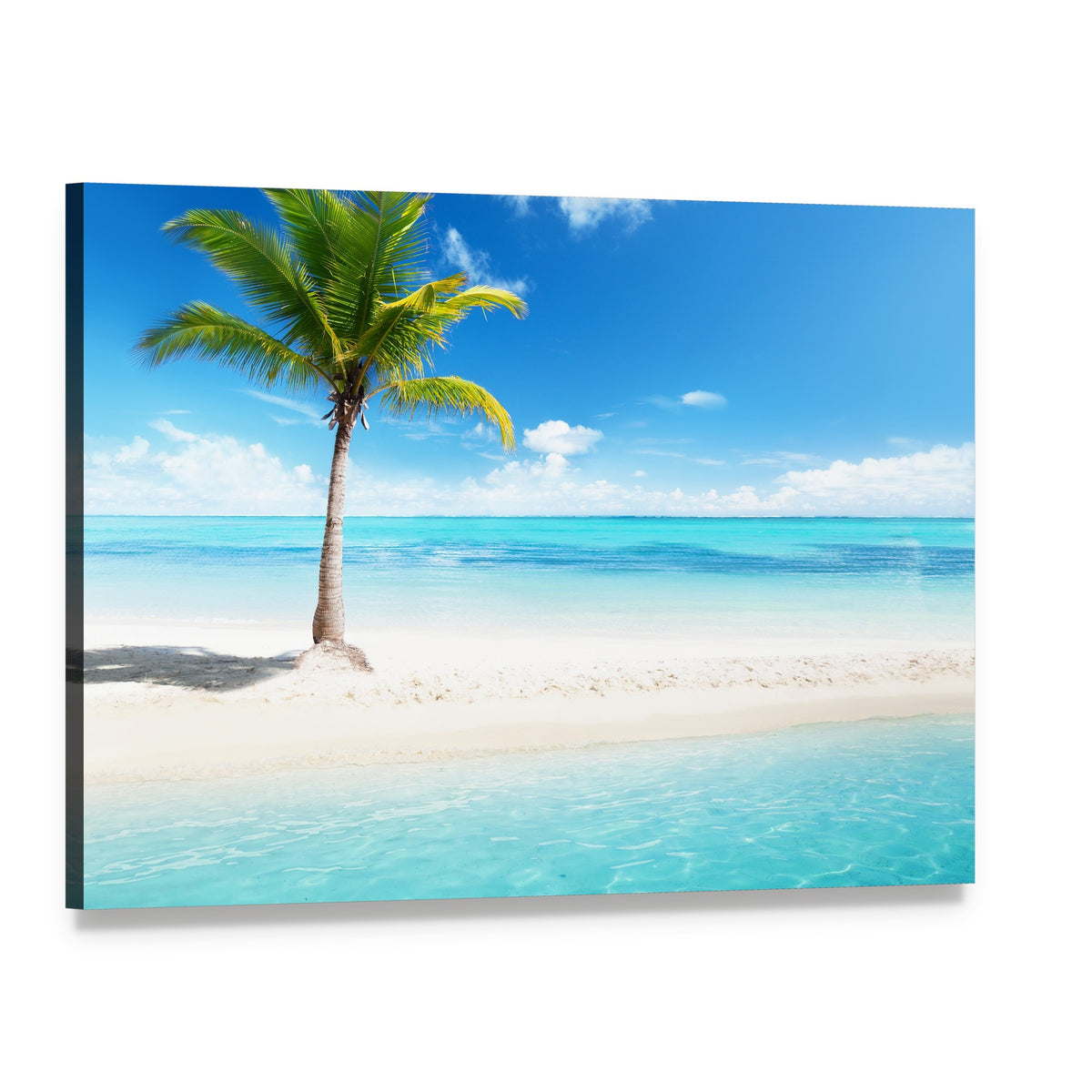 Tropical Beach with Palm Tree Canvas Wall Art, single panel gallery wrapped canvas, angled product view