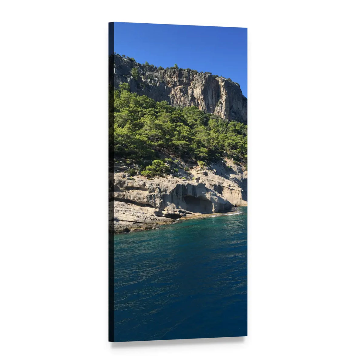 Blue Skies Over Coastal Cliffs and Island Vertical Canvas Wall Art, 1 panel 1 Vertical layout gallery wrapped canvas set, angled product view