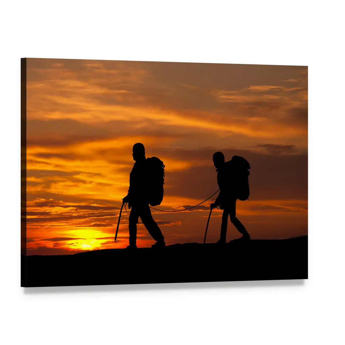 Two Hikers at Sunset Canvas Wall Art, single panel gallery wrapped canvas, angled product view
