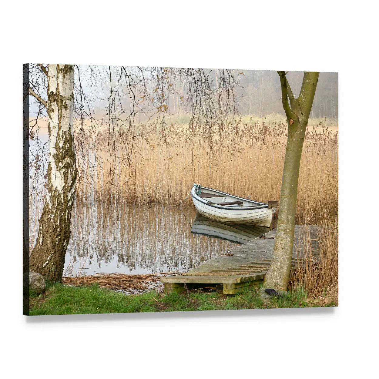 White Rowboat on Lake Denmark Canvas Wall Art, single panel gallery wrapped canvas, angled product view
