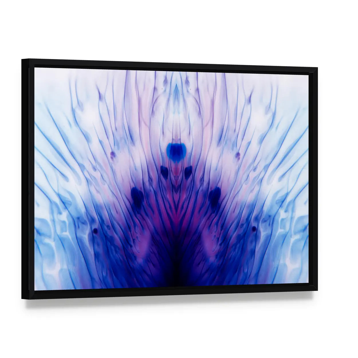 Blue Lotus Mandala Abstract Canvas Wall Art, framed canvas in a black floater frame, angled product view