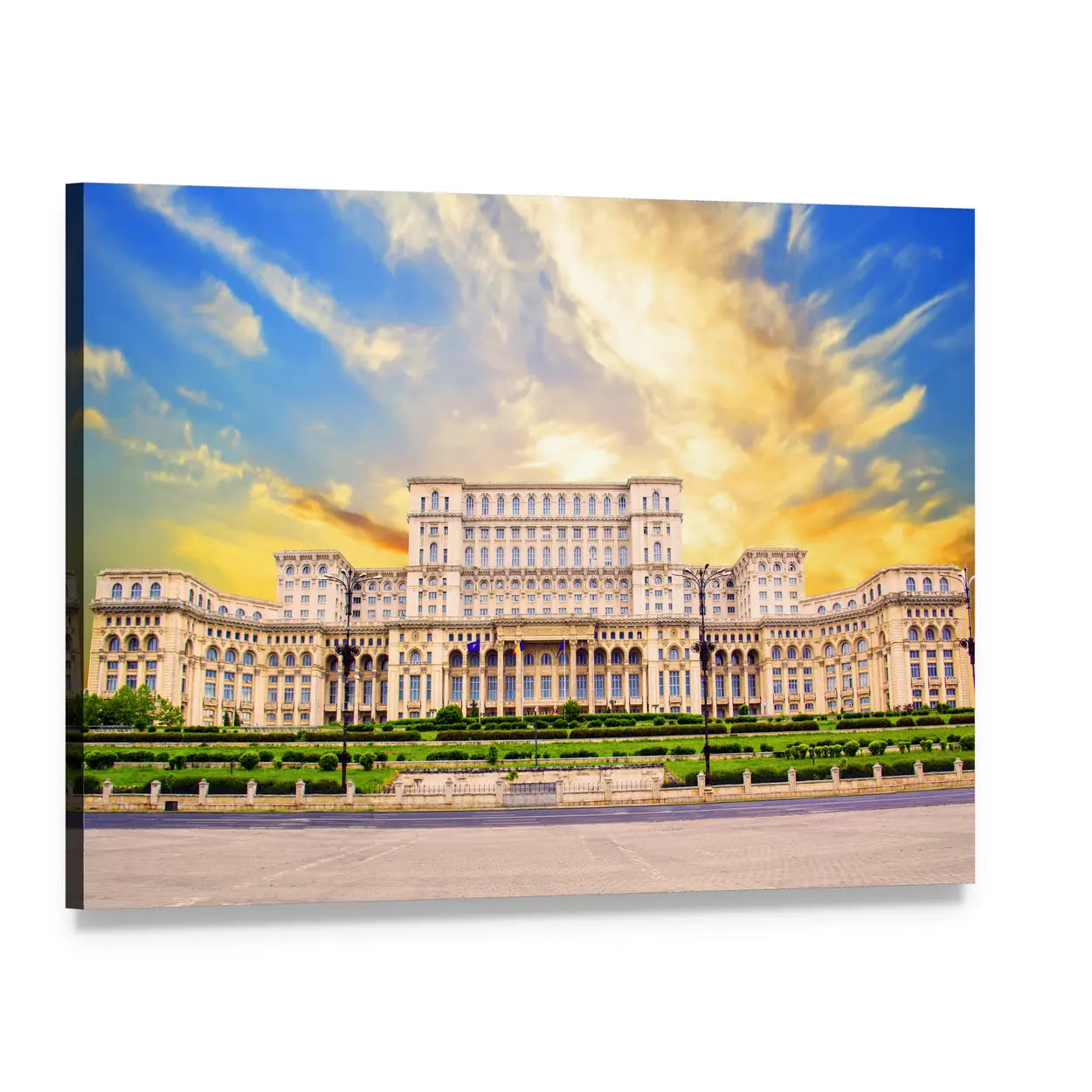 Palace of Parliament, Bucharest Canvas Wall Art, single panel gallery wrapped canvas, angled product view