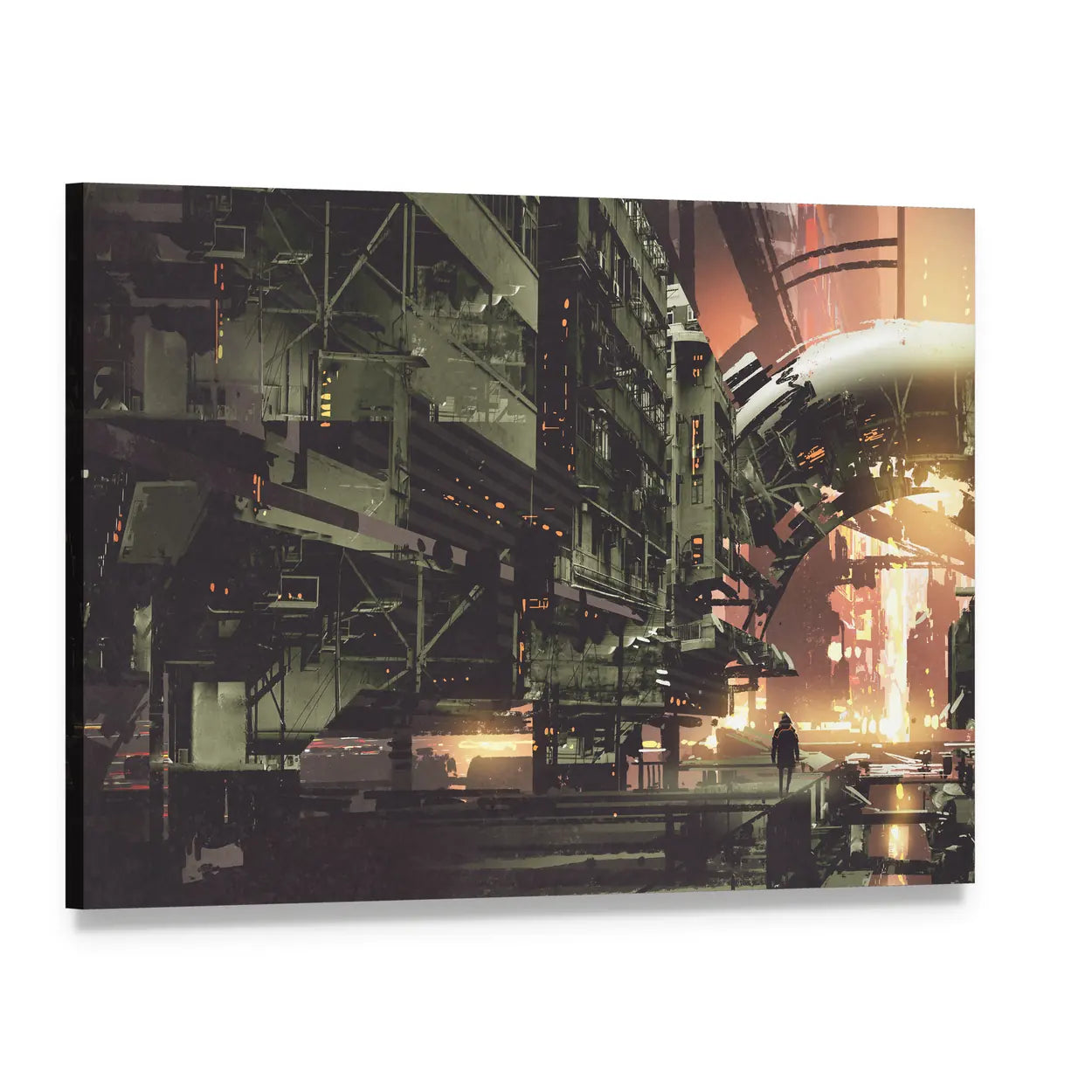 Cyberpunk Cityscape at Twilight Canvas Wall Art, single panel gallery wrapped canvas, angled product view