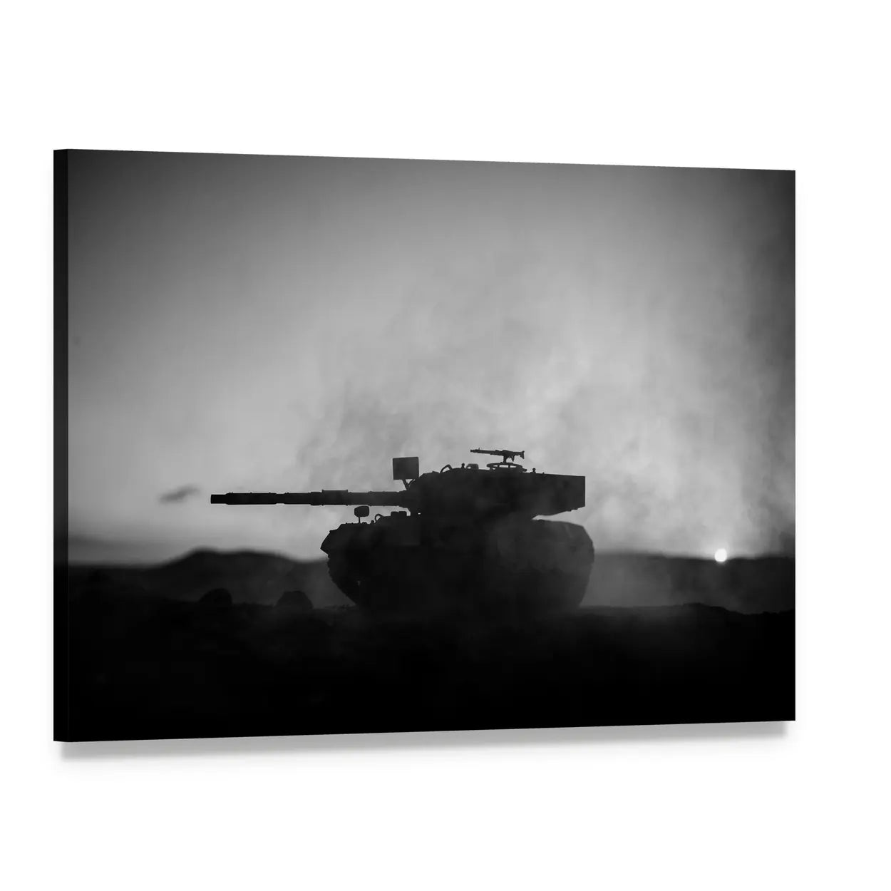 German Tank Silhouette at Sunset Canvas Wall Art, single panel gallery wrapped canvas, angled product view