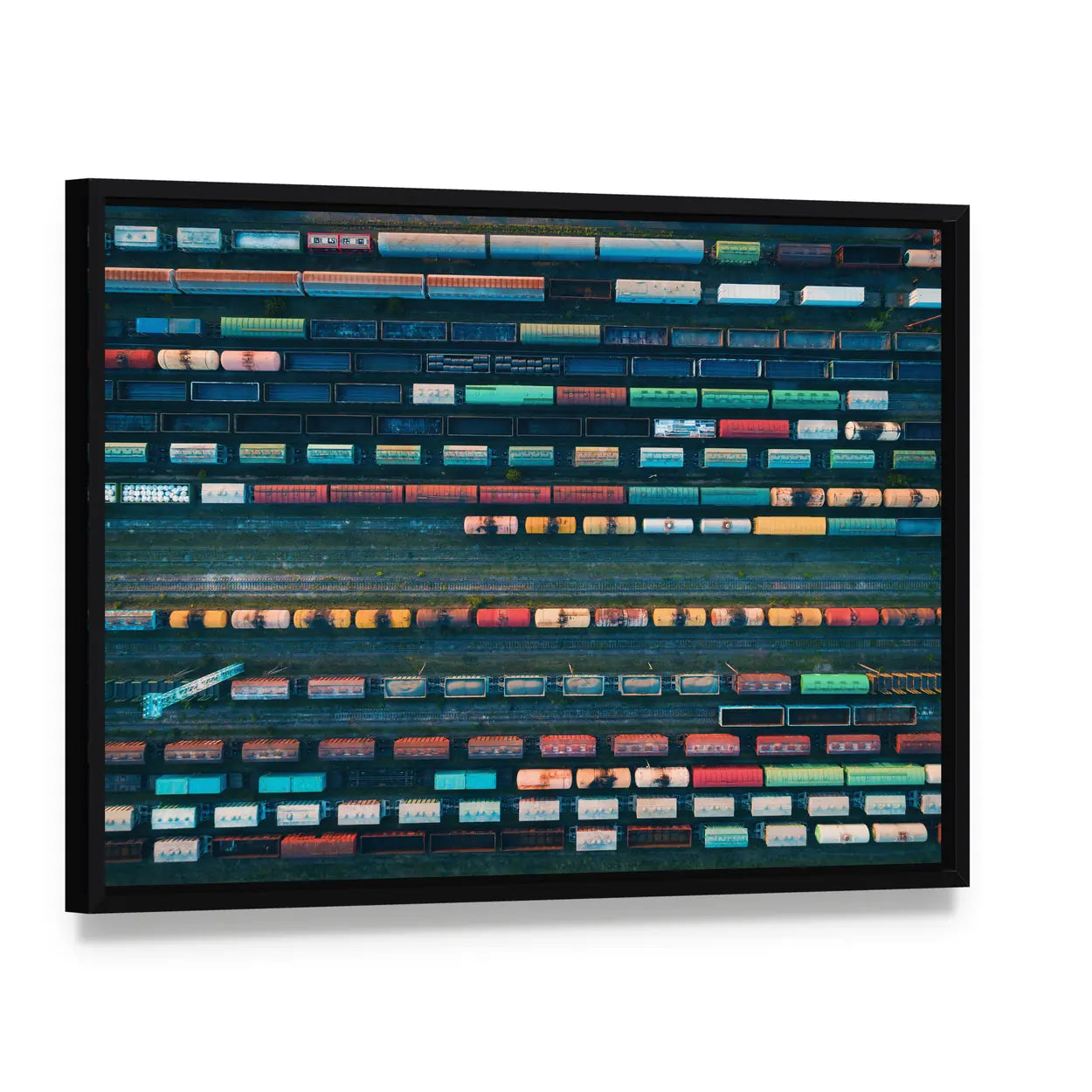 Cargo Trains Close Up Canvas Wall Art, framed canvas in a black floater frame, angled product view