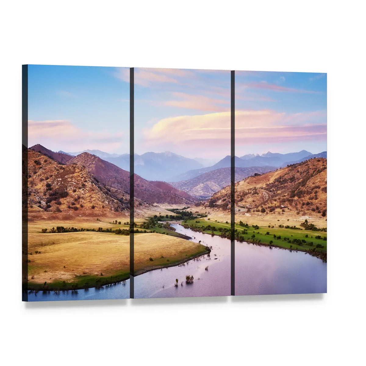 Yosemite Valley at Purple Sunset Canvas Wall Art, 3 panel 3 Horizontal layout gallery wrapped canvas set, angled product view