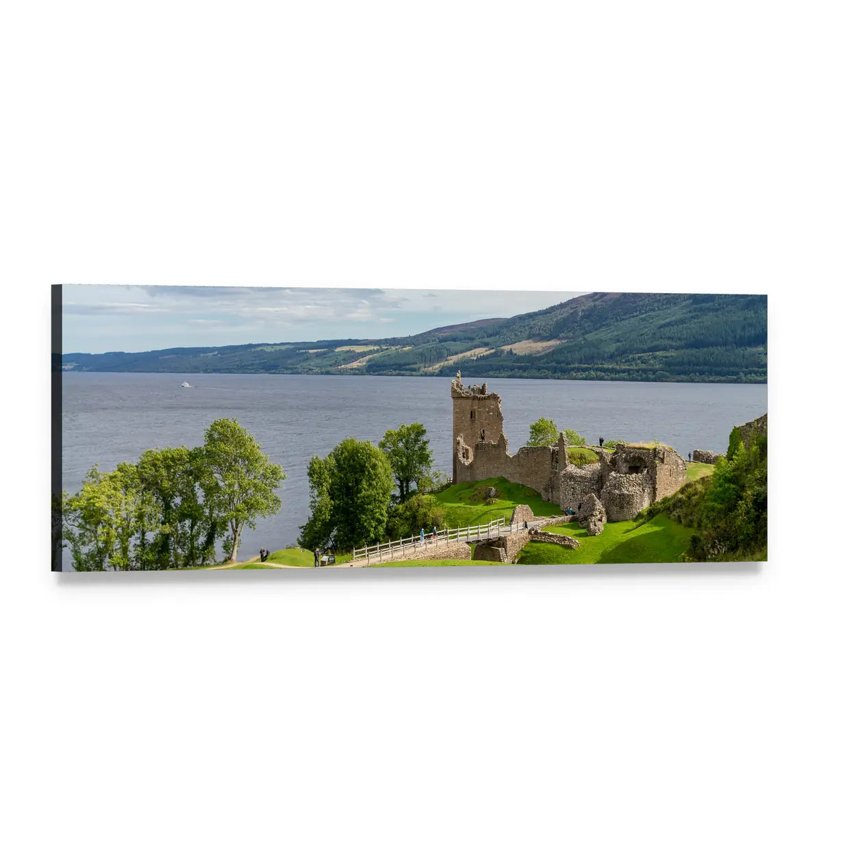 Urquhart Castle on Loch Ness Panoramic Canvas Wall Art, single panel gallery wrapped canvas, angled product view