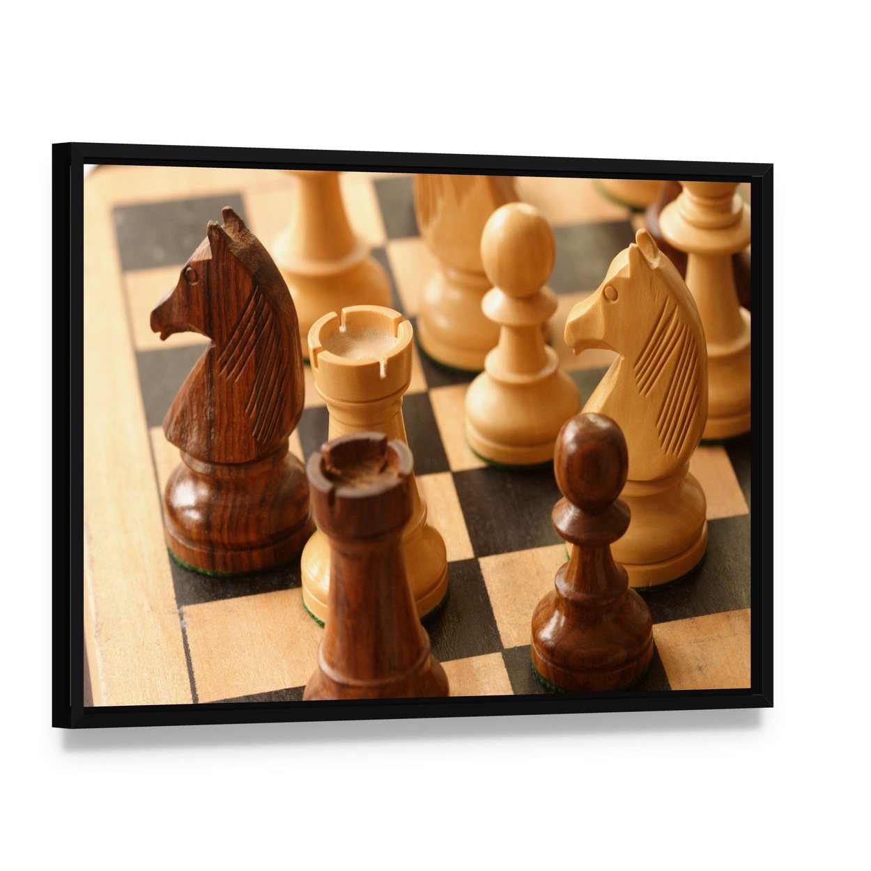 Game of Chess Canvas Wall Art, framed canvas in a black floater frame, angled product view